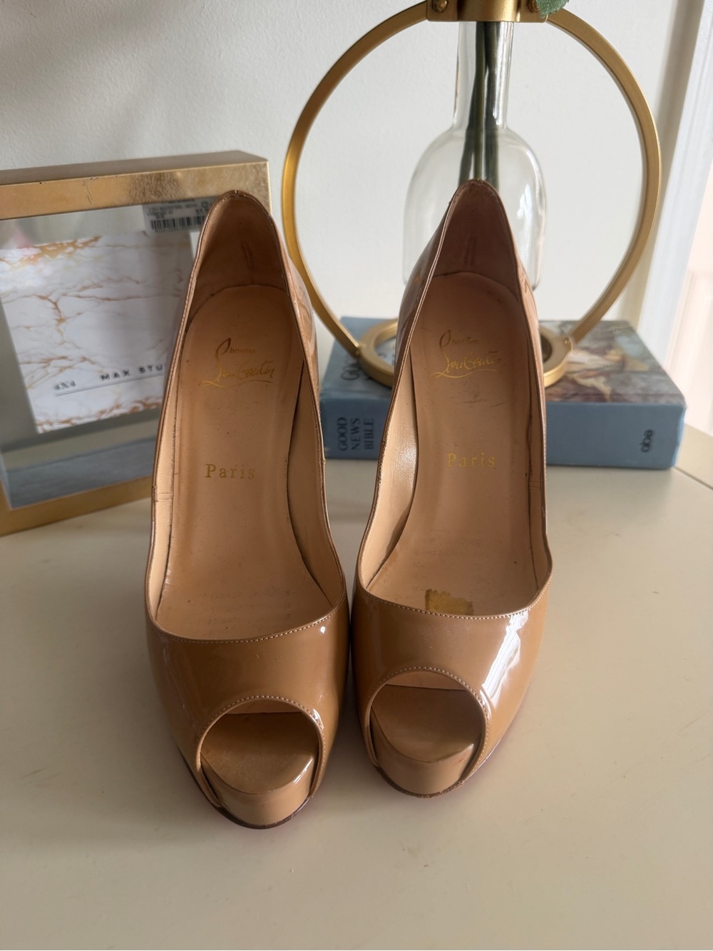 Christian Louboutin Beige Patent Peep-Toe Pumps